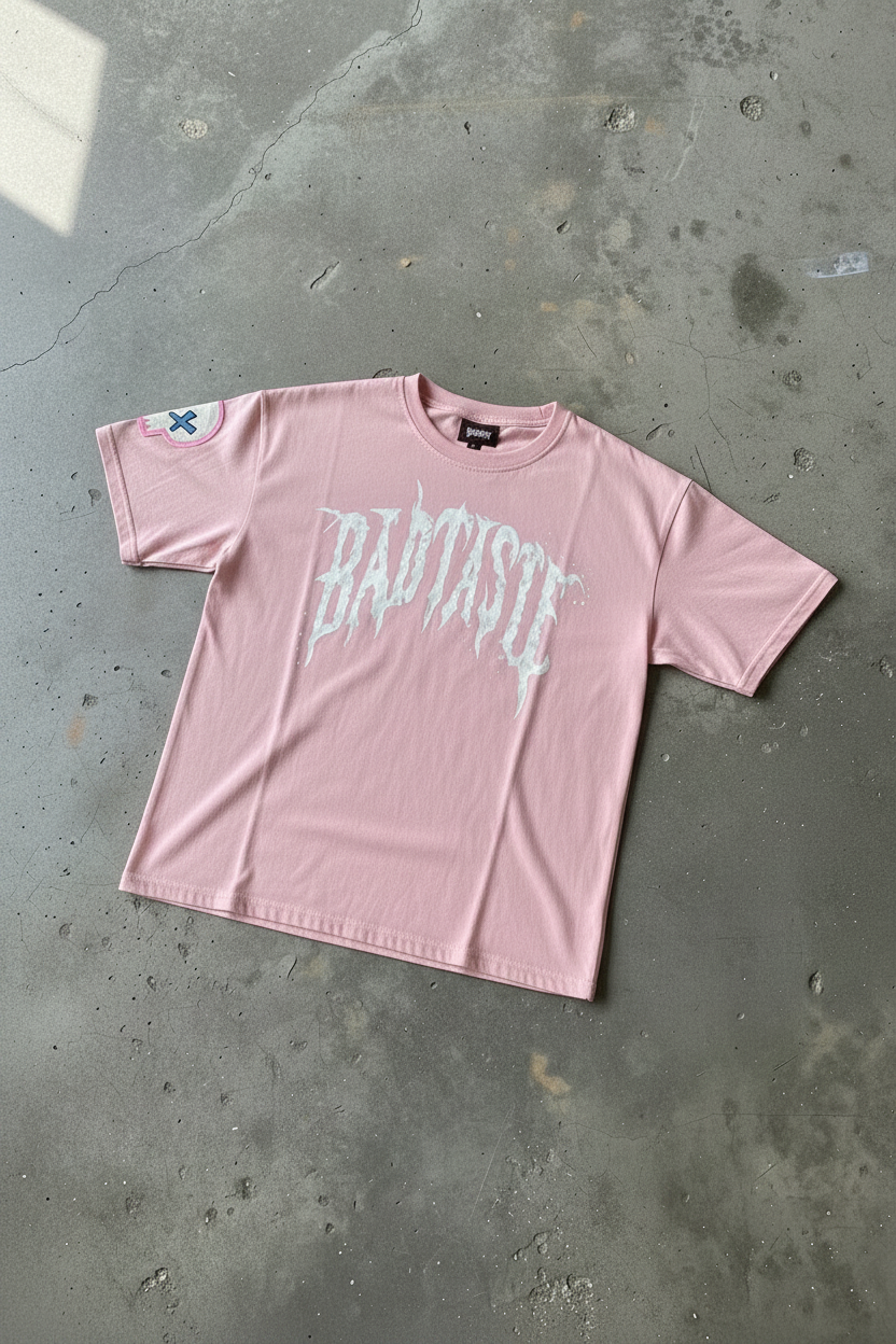 Bad Taste Baby Pink Tee - Pink Sleeve Patch